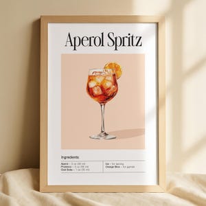Póster de cóctel Aperol Spritz, tarjeta con receta de bebida de autor, impresión digital, arte estético para carrito de bar, acuarelas, decoración de pared para cocina