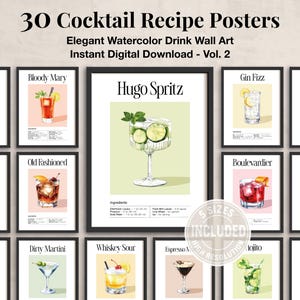 Set van 30 cocktailrecepten kunstprint, trendy retro drankposters, mixologiefeest of thuisbar decor, kenmerkend drankje bord, keukenmuurkunst