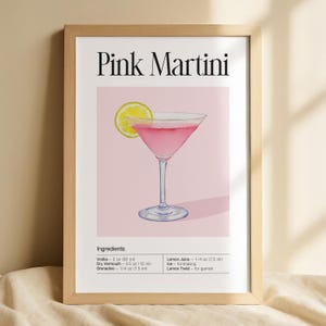 Stampa di ricette di cocktail Pink Martini, arte murale minimalista per bar, poster digitale di bevande, arredamento moderno per cucina, stampabile per bar di casa, scheda di ricette