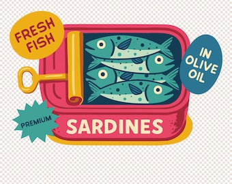 Retro Sardine Tin Clipart, Seafood Illustration (PNG, SVG, AI)