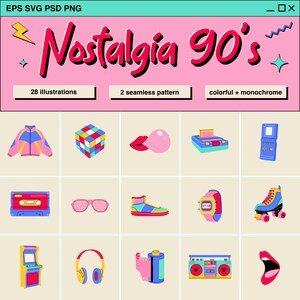 90s Nostalgia Clipart Bundle: Retro Graphics for Scrapbooking (SVG, PNG, EPS Download