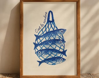 C’est La Sardine French Kitchen Poster: Retro Blue Fish Art (Digital Download)