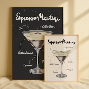 Póster de cóctel Espresso Martini, impresión digital, receta de bebida de autor, arte de carrito de bar, arte pintado a mano, decoración de pared, arte de pared de cocina