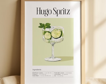 May include: A printable poster with a green background and a drawing of a cocktail called "Hugo Spritz". The cocktail is in a tall glass with ice, lime slices, and mint leaves. The ingredients are listed below the image: Elderflower Liqueur - 1 oz (30 ml), Prosecco - 3 oz (90 ml), Soda Water - 1-2 oz (30-60 ml), Fresh Mint Leaves - 4-6 leaves, Lime Wheel - for garnish, Ice - for serving.