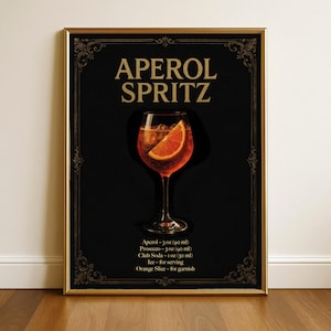 Vintage Aperol Spritz-print, zwarte luxe cocktailposter, receptenkaart, signature-drankje, art deco elegante keuken kunst aan de muur, donkere academische wereld