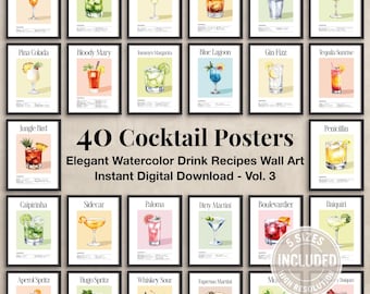 May include: A collection of 40 cocktail posters, each framed in black. The posters feature watercolor illustrations of various cocktails, including Pina Colada, Bloody Mary, and Gin Fizz. Text on the posters reads "40 Cocktail Posters" and "Elegant Watercolor Drink Recipes Wall Art."