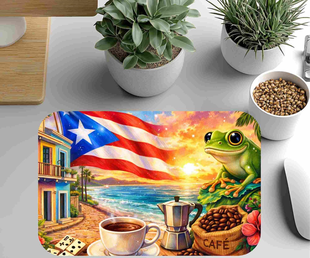 Puerto Rico Mouse Pad | Coquí Frog, Coffee, Beach Sunset Desk Mat - Etsy