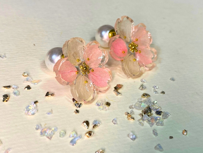 Real Flower Resin Earrings With Dried Flower Pearl Earrings Cherry