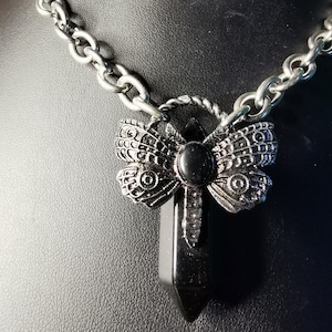 Alternative gothic black obsidian butterfly  death moth crystal point choker witchy vibes vampire emo boho