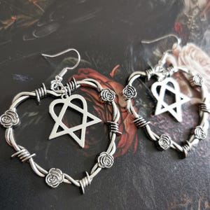 HIM heartagram barbed wire heart emo gothic vampire witchy alternative hoop earrings.