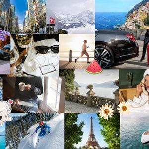 May include: A collage of images depicting a luxurious lifestyle. The images include a red sports car, a glass of champagne, a woman running on a beach, a black car, a suitcase, a hotel room, a view of a lake, a ski slope, the Eiffel Tower, a boat, and a pile of money.