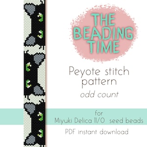 May include: A digital download pattern for a black cat beading project using Miyuki Delica 11/0 seed beads. The pattern is for peyote stitch with an odd count. The pattern is titled "The Beading Time".