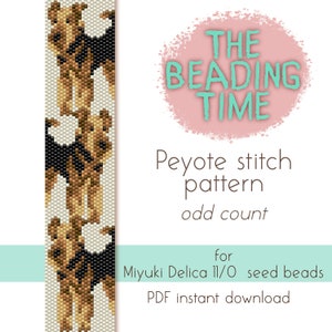 May include: A digital download pattern for a beaded bracelet featuring a repeating design of three brown and black dogs. The pattern is for peyote stitch using Miyuki Delica 11/0 seed beads. The text "THE BEADING TIME" is in a pink circle with a white outline. The text "Peyote stitch pattern odd count" is below the circle. The text "for Miyuki Delica 11/0 seed beads" is below the pattern description. The text "PDF instant download" is below the bead type.