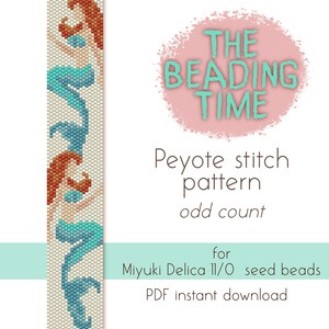 May include: A digital download pattern for a peyote stitch beaded bracelet featuring three mermaids. The pattern is for Miyuki Delica 11/0 seed beads and is an odd count pattern. The pattern is titled "THE BEADING TIME".