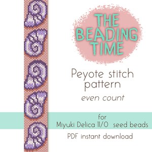 May include: A beading pattern for a seashell design using Miyuki Delica 11/0 seed beads. The pattern is for peyote stitch and even count. The pattern is available as a PDF instant download. "THE BEADING TIME" is written in a pink circle with a teal border.