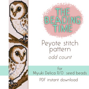 May include: A digital download pattern for a beaded owl, using Miyuki Delica 11/0 seed beads. The pattern is for peyote stitch and is an odd count. The pattern is titled "The Beading Time".