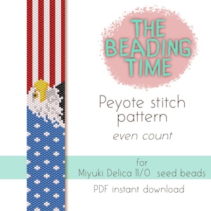 May include: A digital download pattern for a beaded bracelet featuring an American flag with an eagle design. The pattern is for peyote stitch using Miyuki Delica 11/0 seed beads. The text "THE BEADING TIME" is in a pink circle with a white outline.