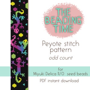 May include: A digital download pattern for a beaded bracelet featuring colourful lizards on a black background. The pattern is for peyote stitch and uses Miyuki Delica 11/0 seed beads. The text "THE BEADING TIME" is in a pink circle.