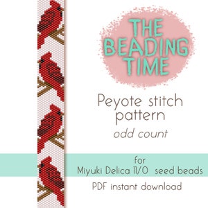 May include: A digital download pattern for beading a cardinal on a branch using peyote stitch. The pattern is for Miyuki Delica 11/0 seed beads and is an odd count pattern. The pattern is titled "The Beading Time".