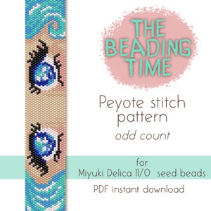 May include: A digital download pattern for a beaded bracelet featuring a pair of blue eyes with eyelashes and a wave design. The pattern is for peyote stitch using Miyuki Delica 11/0 seed beads. The pattern is for an odd count.