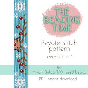 May include: A digital pattern for a beaded reindeer with red berries and snowflakes. The pattern is for peyote stitch and uses Miyuki Delica 11/0 seed beads. The pattern is available as an instant PDF download.