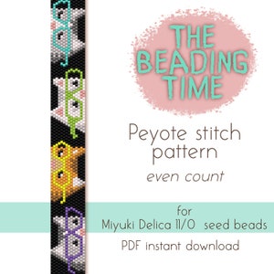 以下が含まれることがあります： 眼鏡をかけた猫が並んだビーズブレスレットのデジタルダウンロードパターンです。このパターンは、ミユキデリカ11/0シードビーズを使用したペヨーテステッチ用です。テキスト「THE BEADING TIME」は、白い輪郭のあるピンクの円の中にあります。テキスト「Peyote stitch pattern even count」は円のすぐ下にあります。テキスト「for Miyuki Delica 11/0 seed beads」はパターンの下にあります。テキスト「PDF instant download」はビーズの下にあります。
