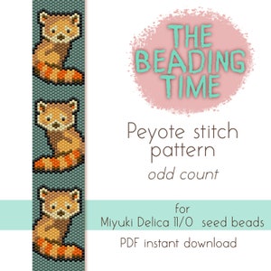 May include: A digital download pattern for beading a red panda using peyote stitch. The pattern is for Miyuki Delica 11/0 seed beads and is an odd count pattern. The pattern is available as a PDF instant download. The image shows three red pandas in a row, each with a different expression.