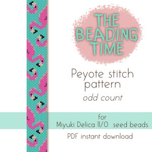 May include: A digital download pattern for a beaded flamingo bracelet. The pattern is for peyote stitch and uses Miyuki Delica 11/0 seed beads. The pattern is for an odd count bracelet.
