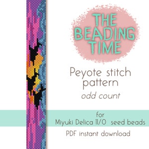May include: A colorful peyote stitch beading pattern for a bracelet, featuring a geometric design with black, orange, yellow, blue, pink, and purple beads. The pattern is for Miyuki Delica 11/0 seed beads and is available as a PDF instant download. The text "THE BEADING TIME" is in a pink circle with a teal outline.
