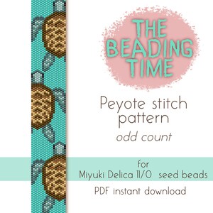 May include: A digital download pattern for a beaded turtle bracelet. The pattern is for peyote stitch and uses Miyuki Delica 11/0 seed beads. The pattern is for an odd count of beads. The image shows a turquoise and brown beaded turtle bracelet.