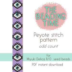 以下が含まれることがあります： 繰り返し目のデザインが特徴の、ペヨーテステッチのブレスレット用のビーズパターンです。このパターンは、ミユキデリカ11/0シードビーズ用で、PDF形式で即時ダウンロードできます。このパターンは、奇数カウント用です。