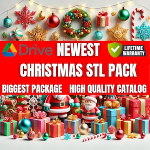以下が含まれることがあります： 「Drive NEWEST CHRISTMAS STL PACK BIGGEST PACKAGE HIGH QUALITY CATALOG」というテキストと、「LIFETIME WARRANTY」というテキストの入った緑色のチェックマークが書かれた赤いバナー。バナーは、オーナメント、リース、キャンディーケーンなど、クリスマスの飾りで囲まれています。