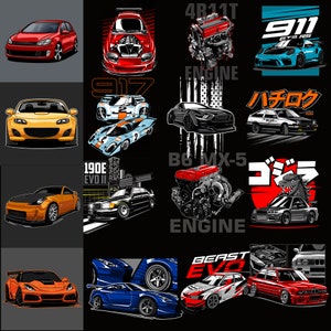 Puede incluir: Un collage de 10 imágenes diferentes que presentan varios diseños de coches, incluyendo un coche deportivo rojo, un coche deportivo amarillo, un coche deportivo azul, un coche deportivo negro, un coche deportivo gris y un coche deportivo rojo. Las imágenes también incluyen piezas de motor y texto como "4B11T Engine", "B6 MX-5 Engine", "Beast Evo" y "Godzilla".