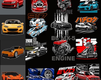Pode incluir: Uma colagem de 10 imagens diferentes que apresentam vários designs de carros, incluindo um carro esportivo vermelho, um carro esportivo amarelo, um carro esportivo azul, um carro esportivo preto, um carro esportivo cinza e um carro esportivo vermelho. As imagens também incluem peças de motor e texto como "4B11T Engine", "B6 MX-5 Engine", "Beast Evo" e "Godzilla".