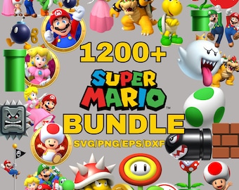 May include: A colorful illustration of Super Mario characters, including Mario, Luigi, Peach, Bowser, and Toad. The text "1200+ Super Mario Bundle SVG/PNG/EPS/DXF" is displayed in the center of the image.