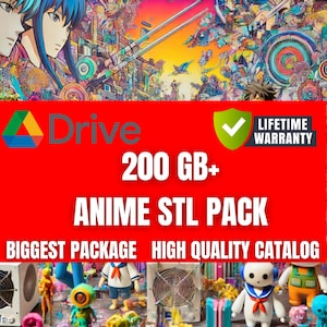 Puede incluir: Una pancarta roja con el texto "Drive" y "200 GB+ ANIME STL PACK" en blanco. La pancarta también incluye una marca de verificación verde con el texto "GARANTÍA DE POR VIDA" en blanco. La pancarta se superpone a una imagen colorida de personajes de anime y una ciudad.