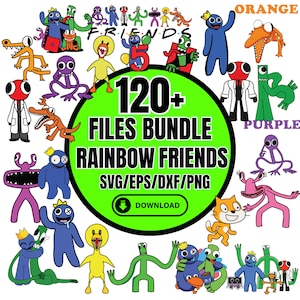 Puede incluir: Una descarga digital de más de 120 archivos SVG, EPS, DXF y PNG con personajes de dibujos animados coloridos. Los personajes son de varios colores y formas, incluyendo un personaje azul con una boca roja, un personaje verde con una boca amarilla y un personaje morado con una boca amarilla. El texto "120+ FILES BUNDLE RAINBOW FRIENDS SVG/EPS/DXF/PNG" está en un círculo verde con una flecha de descarga.