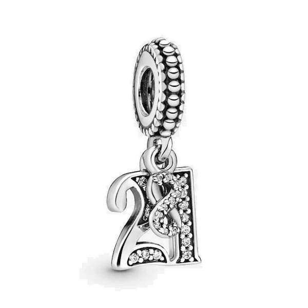 Pandora 21st Birthday Celebration Silver Dangle Charm Rhinestone Bracelet Charms for Ladies - Ideal For Anniversary Jewellery Gifts, UK