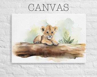 May include: A watercolor painting of a cute lion cub sitting on a tree branch. The background is a soft green and blue watercolor wash.
