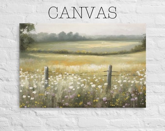 Canvas - Impressionist Wildflower Field Oil Painting, Muted Tones, Landscape Art, Farmhouse Wall Art, Soft Tones - 160
