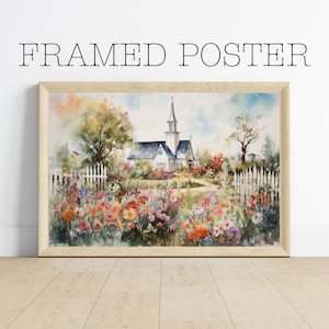 Framed Poster – White Church & Wildflower Garden Print | Peaceful Watercolor Landscape Art | Cottage Wall Decor – 402