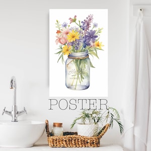 Poster - Rustikaler Einmachglasstrauß, Wildblumen Aquarellkunst, gelbe Gänseblümchen, bunte Blumenmalerei, fertig zum Aufhängen - 91