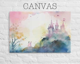May include: A watercolor painting of a couple standing in front of a castle in the distance. The sky is pink and yellow, and the castle is surrounded by green trees. The painting has a whimsical and romantic feel.
