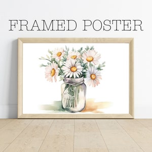 Gerahmtes Poster - Fröhliche Gänseblümchen Wandkunst, rustikales Blumendekor - Aquarell Gänseblümchen im Einmachglas, botanischer Druck, Wildblumenstrauß - 24
