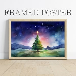 Framed Poster – Watercolor Christmas Tree Print | Holiday Night Sky Art | Festive Winter Decor | Gold Star Seasonal Wall Art – 346