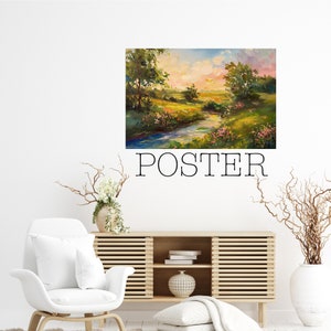 Poster - Serene Landschaft Ölgemälde, ruhige Wiese, Wohnzimmer Dekor, Frühling Wandkunst - 423