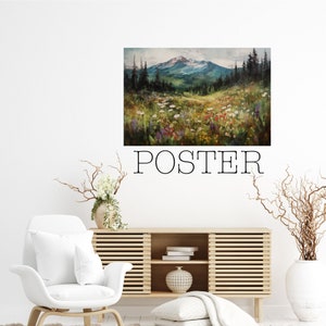 Poster - Serene Berglandschaft, impressionistisches Ölgemälde, ruhiger Wald, Blumenfeld, sanfte, gedämpfte Töne - 407