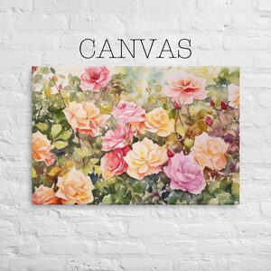 Canvas - Colorful Rose Garden Print, Botanical Print, Vibrant Colorful Roses, Watercolor Rose Garden, Farmhouse Wall Art - 133