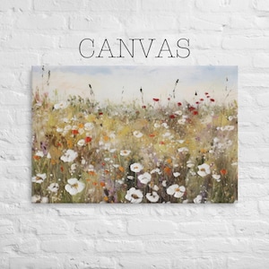 Canvas - Wildflower Meadow Oil Painting Print, Muted Tones Landscape Art, Floral Field, Impressionist Oil Painting, Field of Flowers - 110