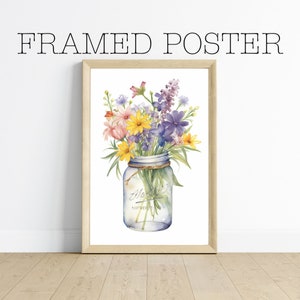 Gerahmtes Poster - Rustikaler Einmachglasstrauß, Wildblumen Aquarellkunst, gelbe Gänseblümchen, bunte Blumenmalerei, fertig zum Aufhängen - 91